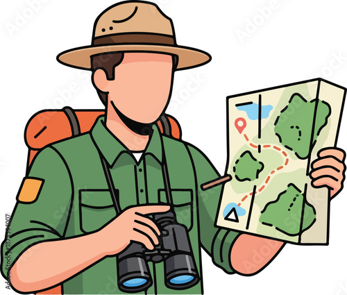 Faceless park ranger with binoculars studies a map outside. Ideal for outdoor, adventure, nature, navigation, or rangerrelated concepts.