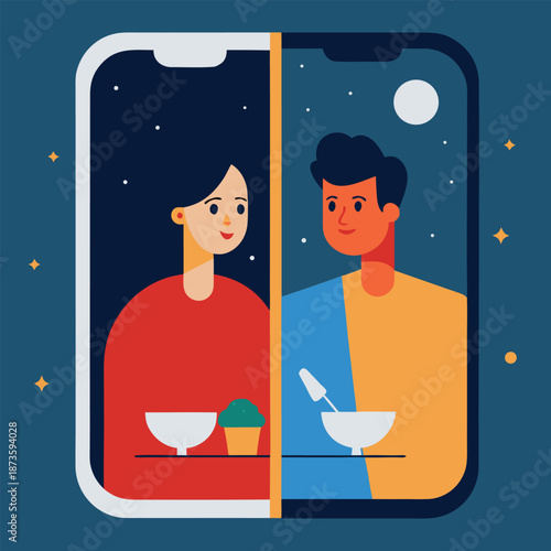 Couple video calling over dinner, smiling at each other on smartphones at night