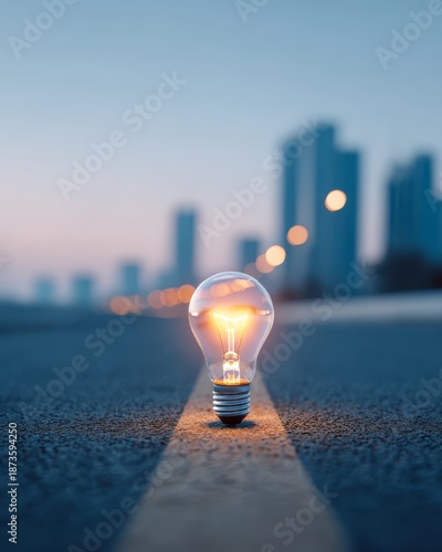 Glowing lightbulb positioned on a road symbolizing direction, vision, and future solutions.