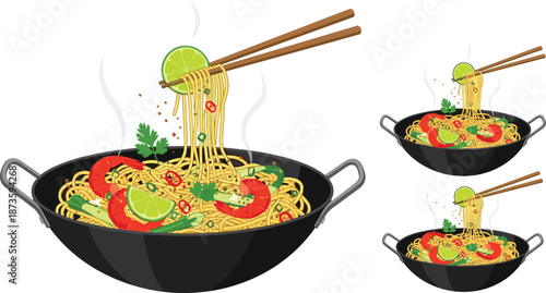 Asian noodle soup bowl, shrimp and lime, chili garnish, hot food steam, wok illustration, cilantro topping, vector cuisine design