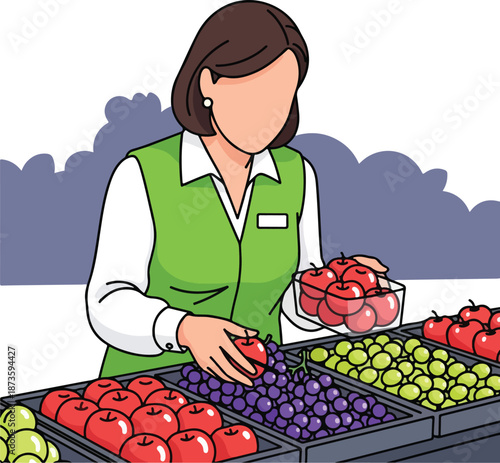 Woman arranging fruits in a grocery store setting. Suitable for food retail, healthy eating concepts, and lifestyle design projects.