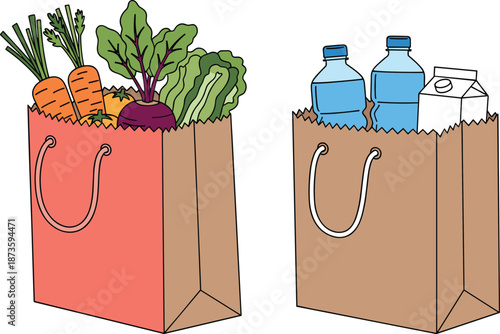 Grocery bags vector, fresh vegetables, packaged drinks, food shopping, nutrition concept, healthy lifestyle, market items, reusable bag illustration