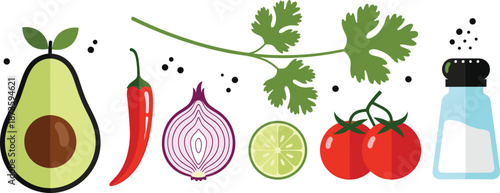Guacamole ingredients, avocado, chili pepper, onion, cilantro, lime, tomato, salt, fresh produce, Mexican food, salsa prep, vibrant illustration
