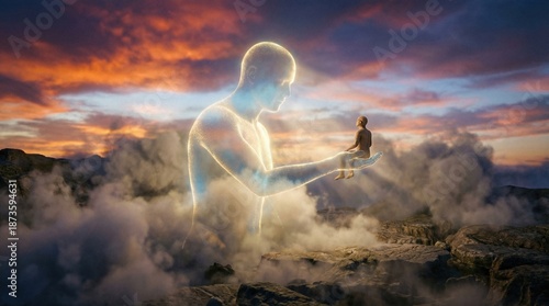 Giant glowing man holding small man in hand over clouds, symbolizing gods creation of human. Spiritual or religious theme. For book cover.