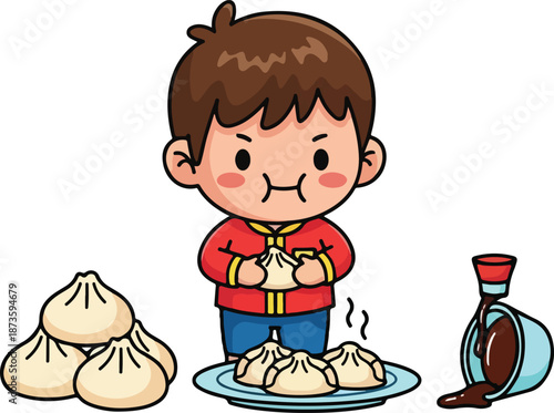 Boy enjoys dumplings with a sauce dish, suitable for food blogs, asian cuisine articles, restaurant menus, cooking tutorials, and recipe cards.