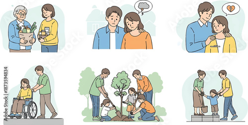 A diverse set of business people and families including a smiling mom, doctor, and school kids in a cartoon vector illustration design featuring various characters in different fun situations