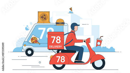 food delivery rider on scooter with truck