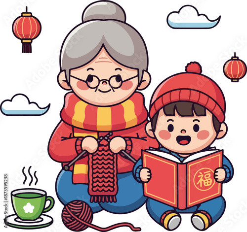 Elderly woman knitting as child reads book under lantern light. Ideal for family crafts or reading concepts.