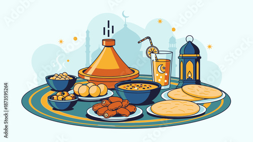 Traditional Moroccan iftar meal with tagine and lanterns