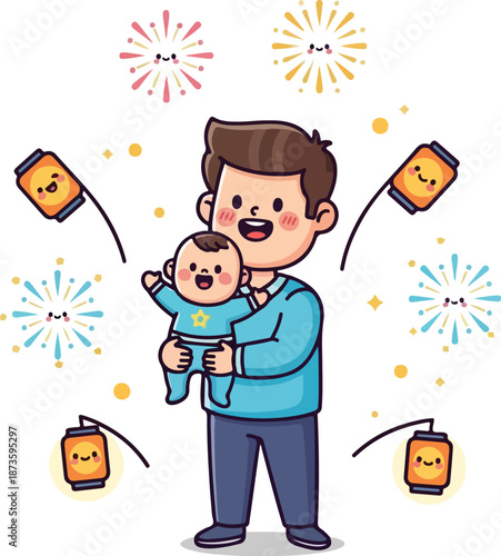 Happy baby in dads arms by lanterns and fireworks. Celebratory moment best for family, joy, parenting, loverelated designs and projects.