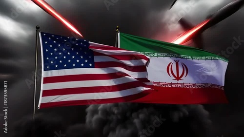 us and iran flags fly against a dark stormy sky as missiles and fighter jets fly through the air creating an atmosphere of military confrontation and geopolitical tension