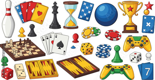 Mega collection of gaming and entertainment icons including chess playing cards video game controllers casino chips and board games vector illustration