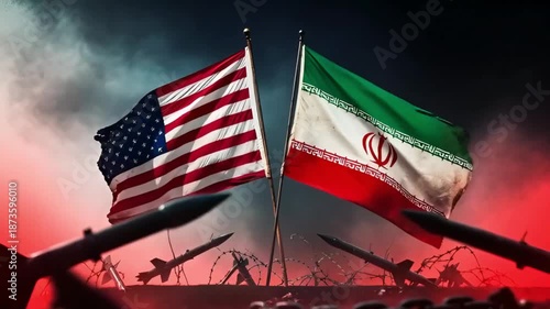 us and iran flags waving against a stormy sky with missile launchers symbolizing geopolitical tension war and international conflict crisis