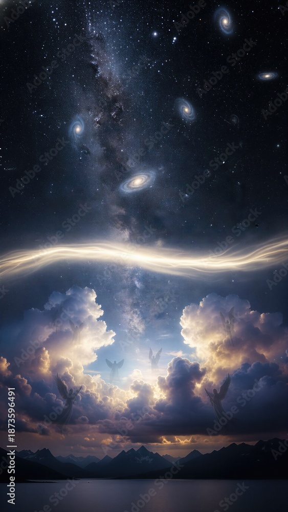 Fototapeta premium Divided realms with cosmic view above and angels in the clouds over mountains and water, symbolizing Gods creation of heaven and earth.