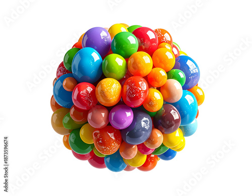 Colorful gumballs clustered together, forming a vibrant sphere, black background
