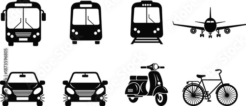 Transportation vehicle silhouette set, bus train car airplane scooter bicycle icons, black and white transport illustration for graphic design and branding