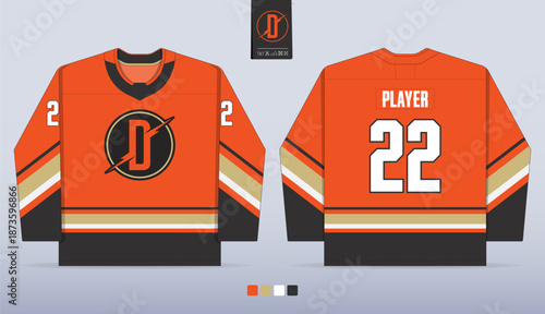 Black and orange ice hockey jersey mockup template design. Front view, back view hockey uniform design. 