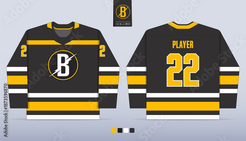 Black and yellow ice hockey jersey mockup template design. Front view, back view hockey uniform design. 