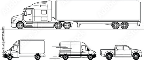 Truck and delivery vehicle illustration set, semi-trailer, cargo van, pickup truck artwork, transportation fleet silhouettes for logistics, shipping and freight design projects