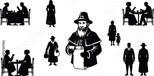 Vintage people silhouettes with pilgrim figure holding scroll, historic scene illustration, traditional clothing characters, retro couples dining, classic heritage artwork