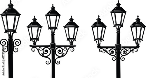 Vintage street lamp illustration set, ornate lantern post designs, decorative outdoor lighting silhouettes, classic iron lamp artwork for urban and architectural projects
