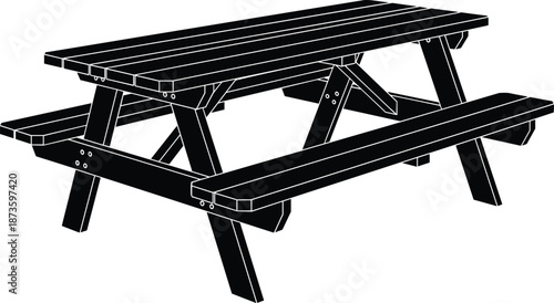 Wooden picnic table illustration, outdoor bench seating design, camping furniture silhouette, park table graphic for garden, recreation area equipment vector