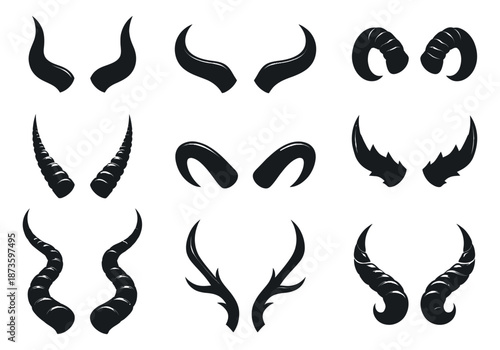 Silhouette horns and antlers set featuring different styles of animal and fantasy horns for costume design and graphic projects
