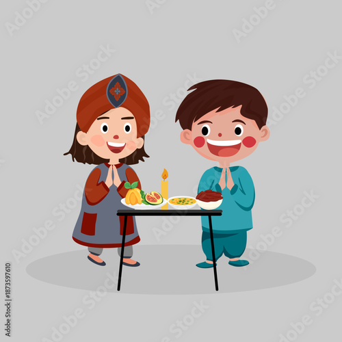 Children Sharing Food During Islamic Celebration