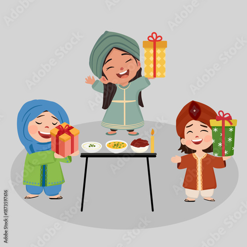 Muslim Children Celebrating Eid With Gifts After Ramadan