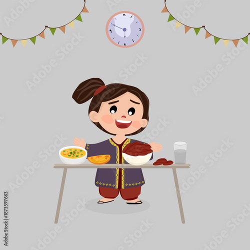 Muslim Child Having Iftar Dinner at Home During Ramadan