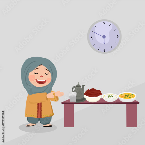 Muslim Child Preparing Iftar Meal at Home During Ramadan