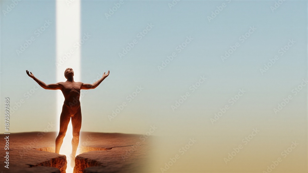 Obraz premium Male figure emerging from cracked earth, bathed in divine light from above, symbolizing the creation of Adam from dust of the ground.