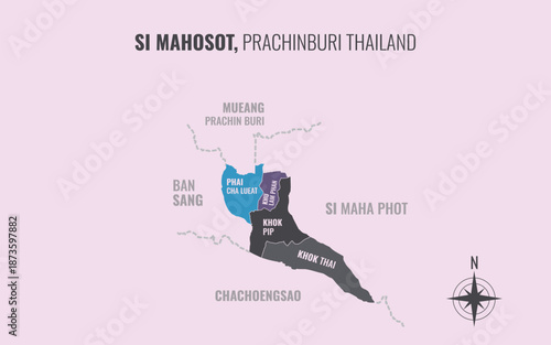 Map showing Si Mahosot District Prachinburi Thailand divided into sub districts with minimalist colorful patterns