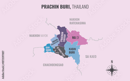 A map showing Prachinburi Thailand divided into districts in a minimalist colorful style