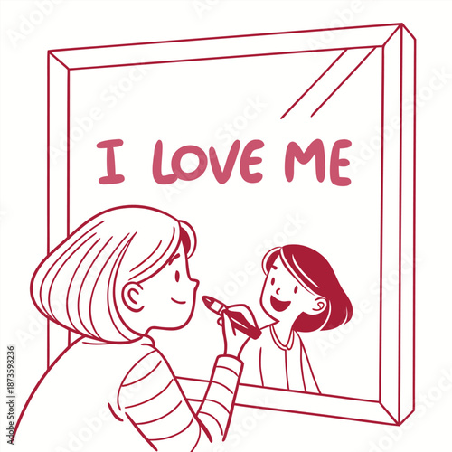Girl with a red mirror, self care concept, vector illustrations of valentine's day.