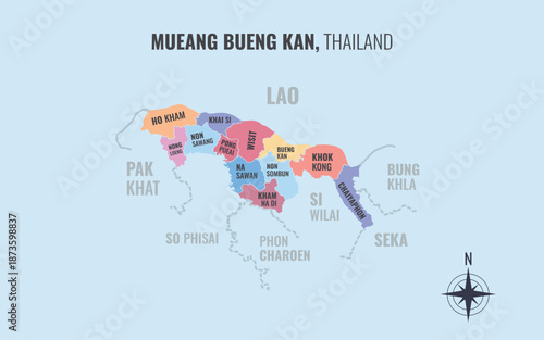 Map showing Mueang Bueng Kan� District Bueng Kan Thailand divided into sub districts with minimalist colorful patterns