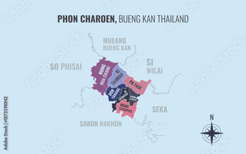 Map showing Phon Charoen District Bueng Kan Thailand divided into sub districts with minimalist colorful patterns