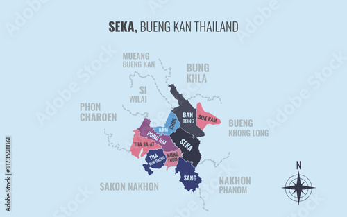 Map showing Seka District Bueng Kan Thailand divided into sub districts with minimalist colorful patterns