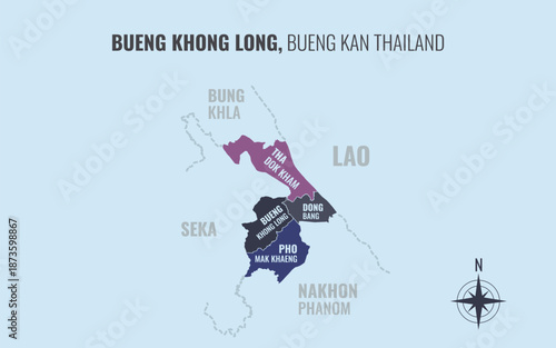 Map showing Bueng Khong Long District Bueng Kan Thailand divided into sub districts with minimalist colorful patterns