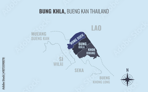 Map showing Bung Khla District Bueng Kan Thailand divided into sub districts with minimalist colorful patterns