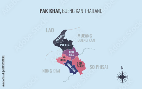 Map showing Pak Khat District Bueng Kan Thailand divided into sub districts with minimalist colorful patterns
