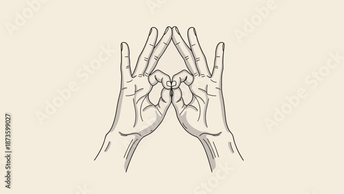 Minimalist line art illustration of the Heart Mudra (Hridaya Mudra) hand gesture. 