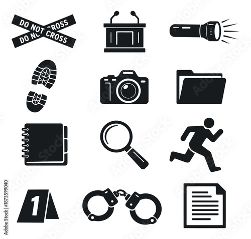 Solid silhouette crime and investigation icons set featuring crime scene evidence, police tools, and legal symbols for justice and detective themes