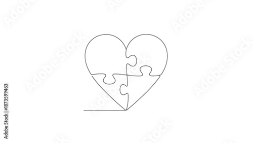 Continuous Line Drawing Heart Shape Formed by Interlocking Puzzle Pieces Symbolizing Connection and Unity on White Background Simple Minimalist Style