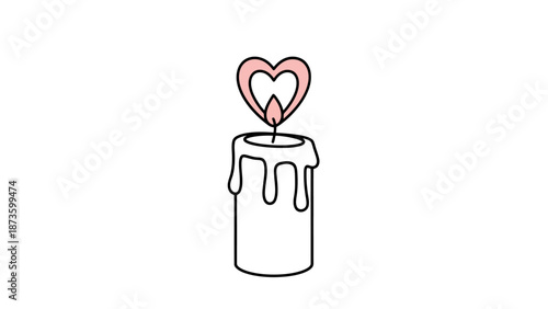Hand drawn candle with heart shaped flame and dripping wax on white background ideal for romantic themes and celebrations