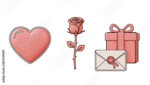 Collection of romantic symbols including a pink heart a single rose and a gift box with an envelope on a white background for celebrations
