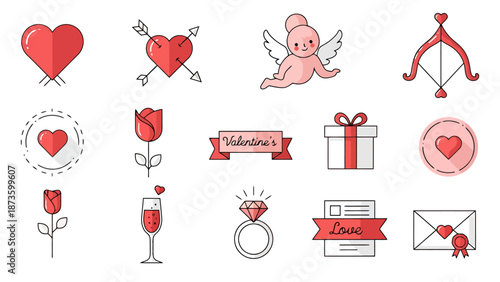 Collection Of Romantic Valentine Elements Including Hearts Roses Cupid Ring Gift Envelope For Love Celebration Design Resources
