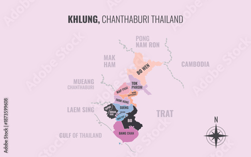 Map showing Khlung District Chanthaburi Thailand divided into sub districts with minimalist colorful patterns