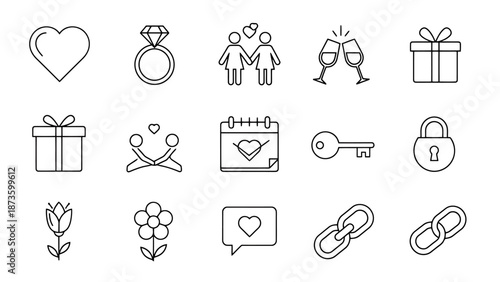 Set of wedding and love icons including rings hearts gifts and flowers for romantic celebrations and unions