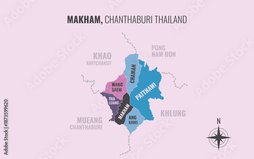 Map showing Makham District Chanthaburi Thailand divided into sub districts with minimalist colorful patterns